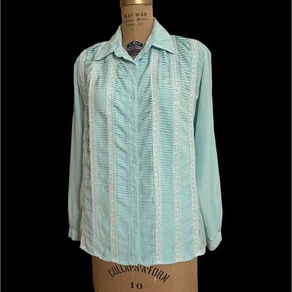 Vintage Susan Hutton Mint Green Pleat and lace detail long sleeve blouse size 14 - Picture 2 of 11